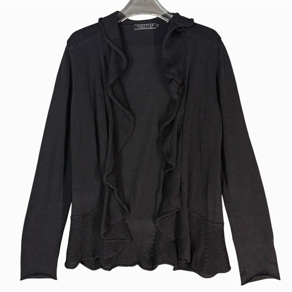 Peruvian Connection Sweater Large Pima Cotton Black Knit Open Cardigan Ruffle